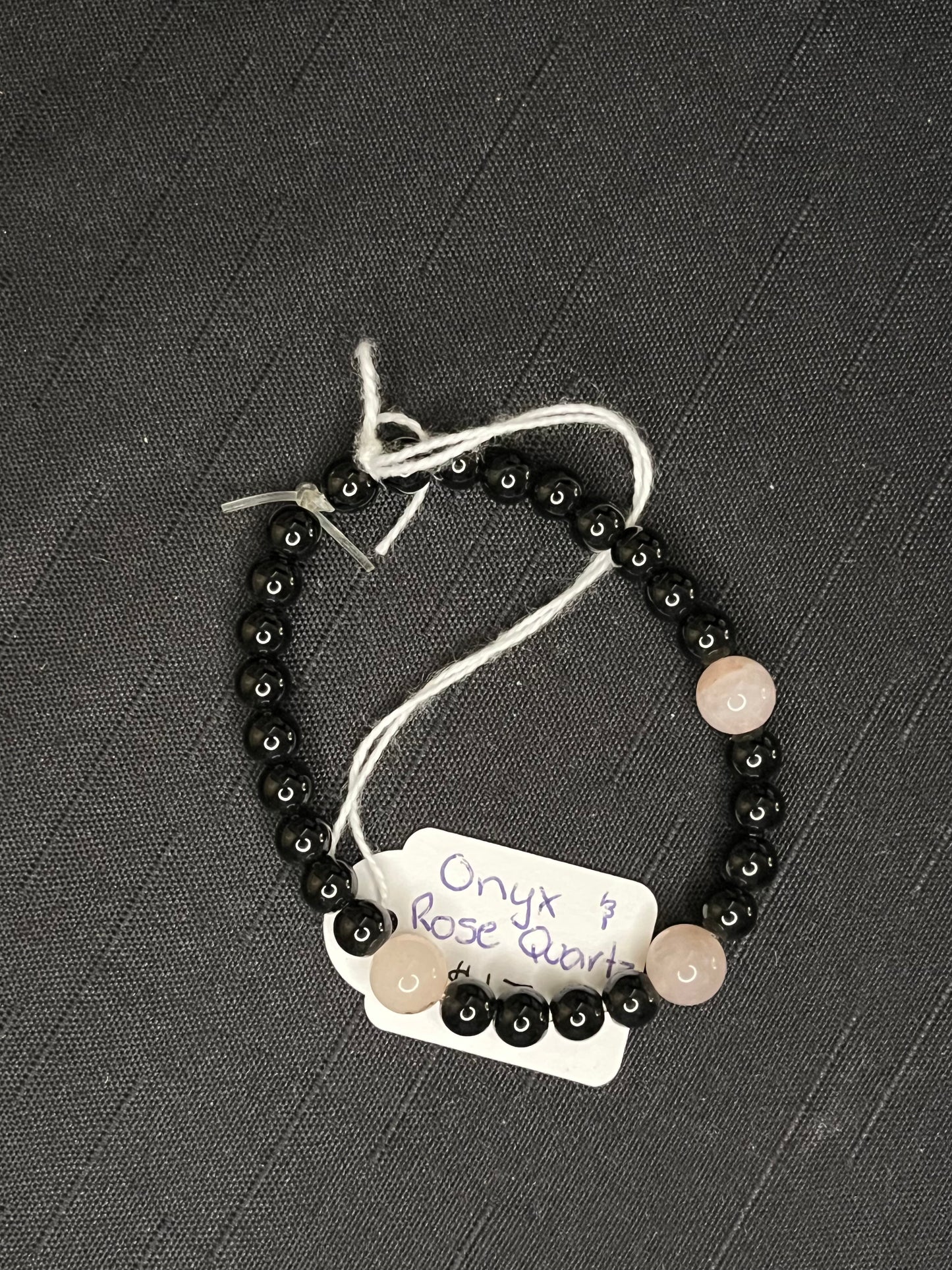 Onyx and rose quartz beaded bracelet